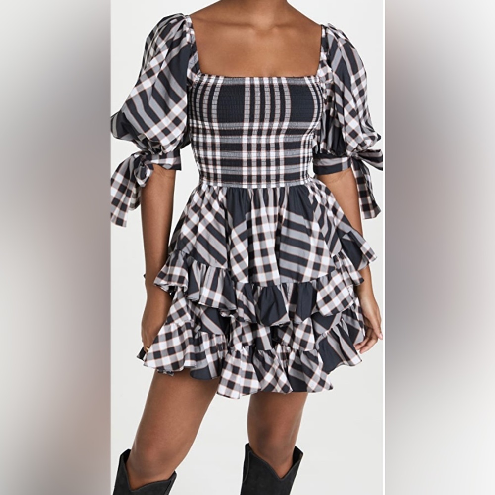 Carolina Constas Finley Plaid Puff Sleeve Ruffle Mini Dress - size small